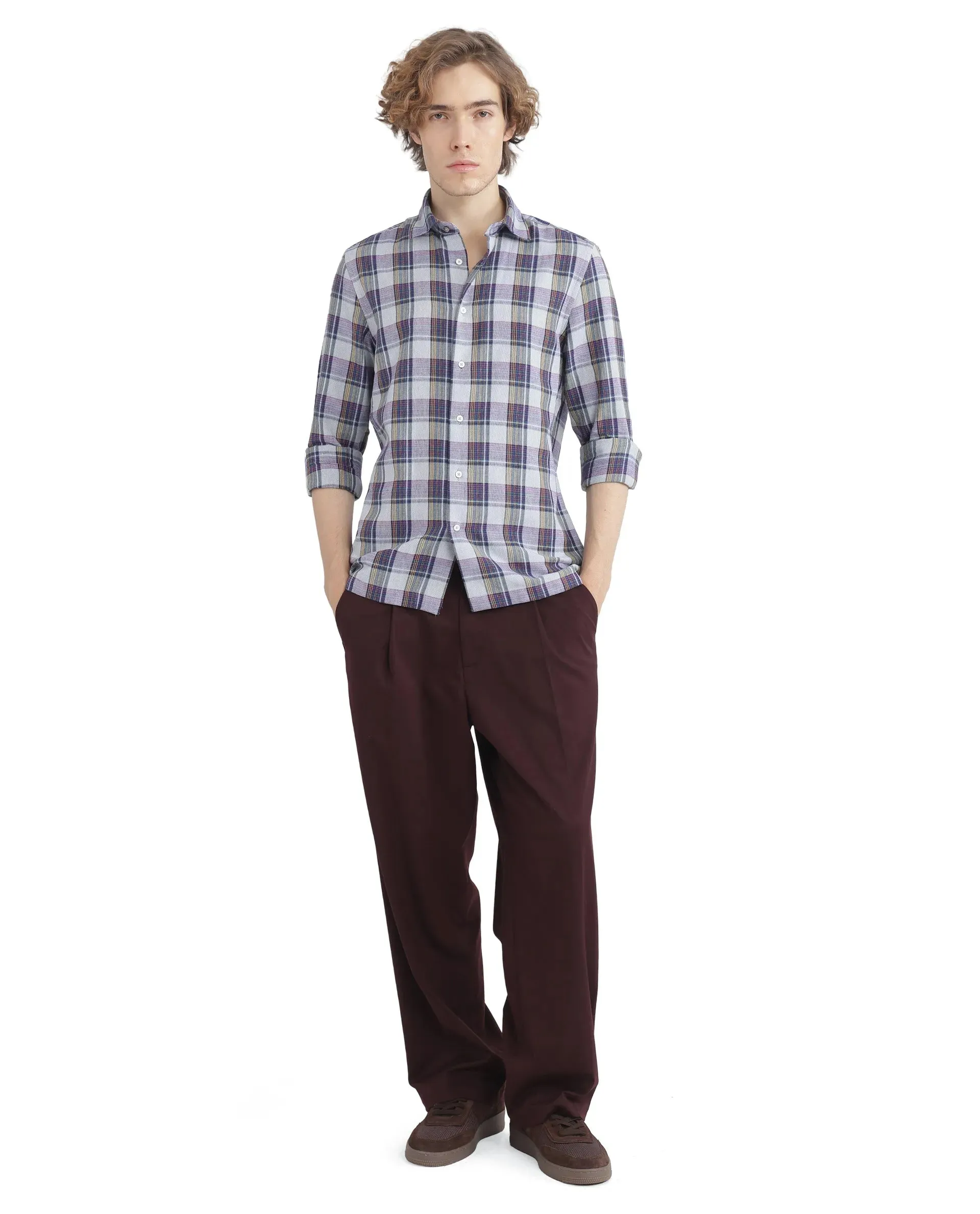 Rare Rabbit Men's Yanda Grey Cotton Fabric Full Sleeve Regular Fit Graphic Back Print Checks Shirt