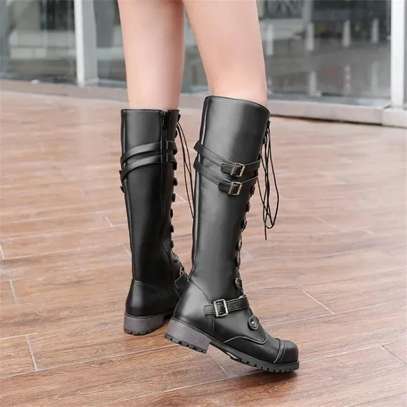 Rome Style Lace Up Platform Winter Solid Plus Size Knee High Boots