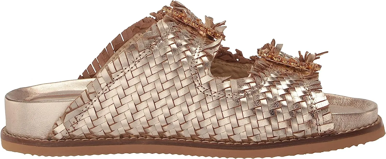Sam Edelman Oaklyn Gold Leaf Woven Leather Buckle Embellished Strap Slide Sandal