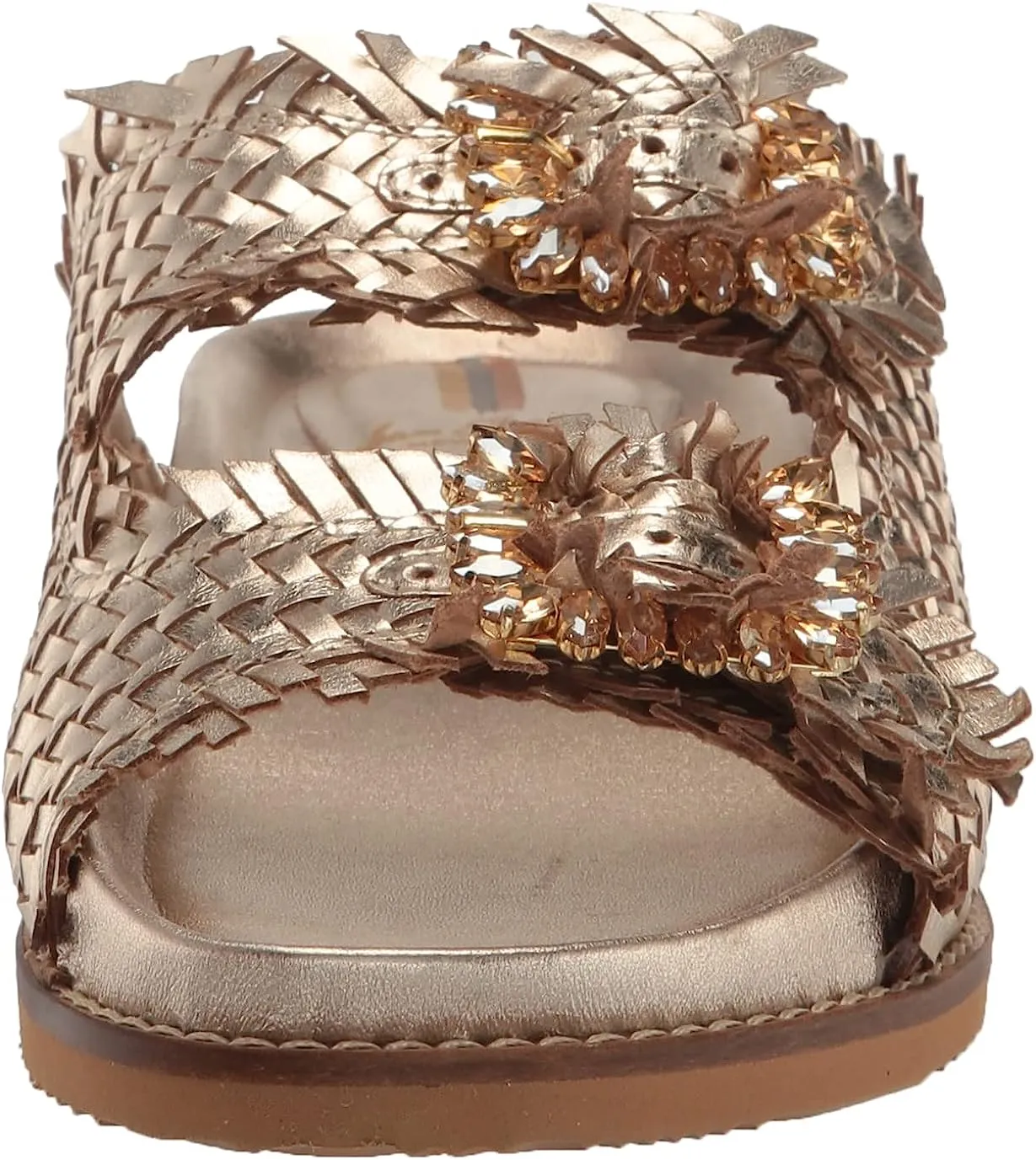 Sam Edelman Oaklyn Gold Leaf Woven Leather Buckle Embellished Strap Slide Sandal