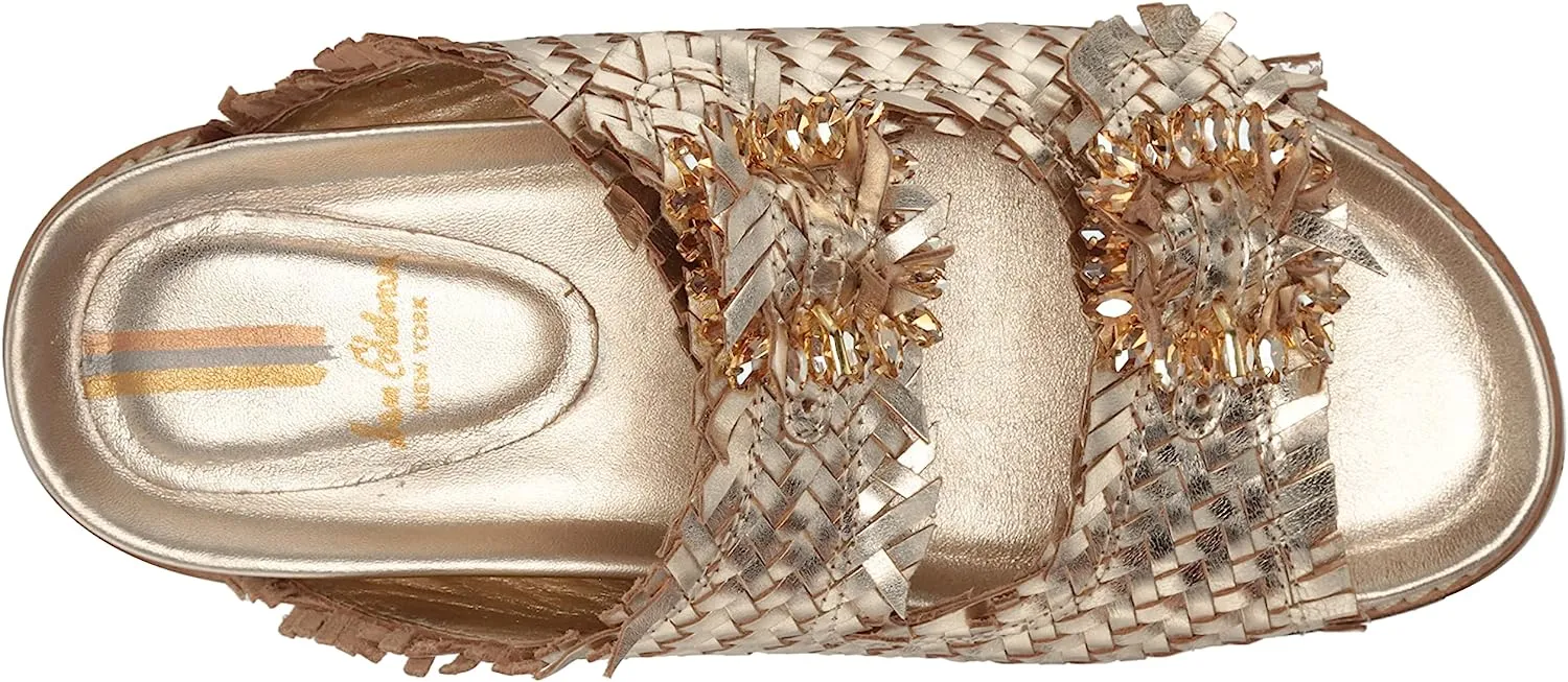Sam Edelman Oaklyn Gold Leaf Woven Leather Buckle Embellished Strap Slide Sandal
