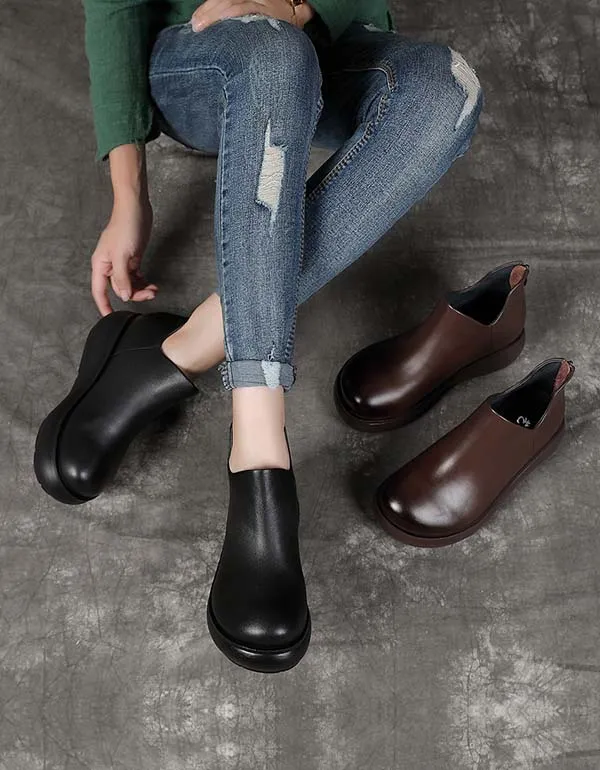 Spring Autumn Anti-slip Leather Retro Wedge Boots