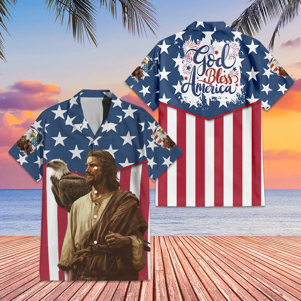 Teesdily | God Bless America Hawaiian Aloha Shirt, Jesus Eagle American Flag Hawaii Set, Independence Day Hawaii Shirt, Outfit Summer Gift For Men
