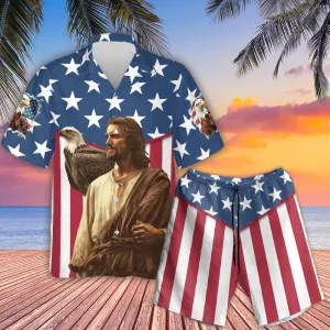 Teesdily | God Bless America Hawaiian Aloha Shirt, Jesus Eagle American Flag Hawaii Set, Independence Day Hawaii Shirt, Outfit Summer Gift For Men