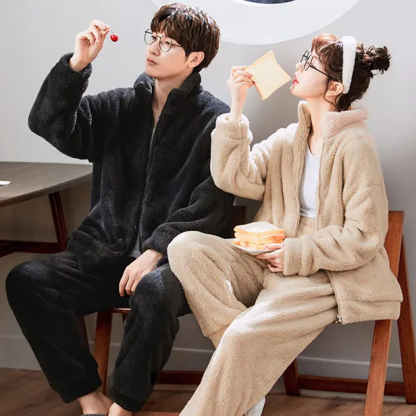 Thick Warm Plush Cardigan Couple Pajamas