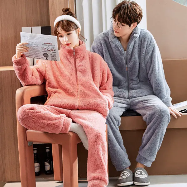 Thick Warm Plush Cardigan Couple Pajamas