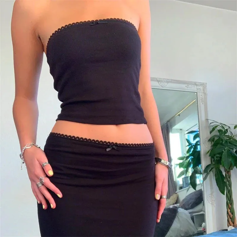 Vintage 2 Piece Long Skirt Sets Women Cute Spaghetti Strap Crop Cami Maxi Skirt Beach Wear