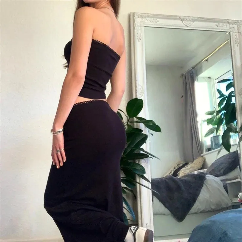 Vintage 2 Piece Long Skirt Sets Women Cute Spaghetti Strap Crop Cami Maxi Skirt Beach Wear