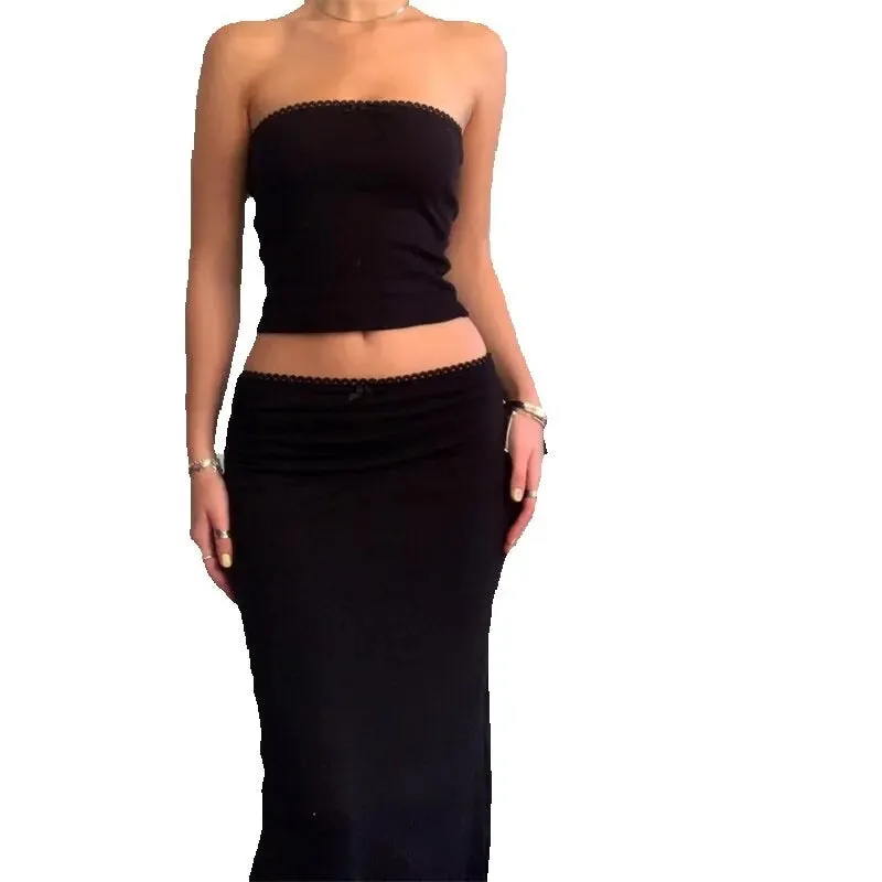 Vintage 2 Piece Long Skirt Sets Women Cute Spaghetti Strap Crop Cami Maxi Skirt Beach Wear