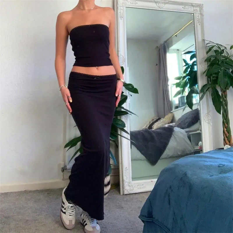Vintage 2 Piece Long Skirt Sets Women Cute Spaghetti Strap Crop Cami Maxi Skirt Beach Wear