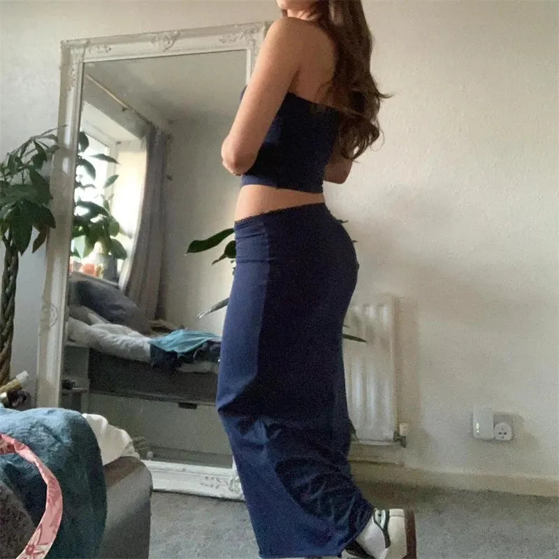 Vintage 2 Piece Long Skirt Sets Women Cute Spaghetti Strap Crop Cami Maxi Skirt Beach Wear