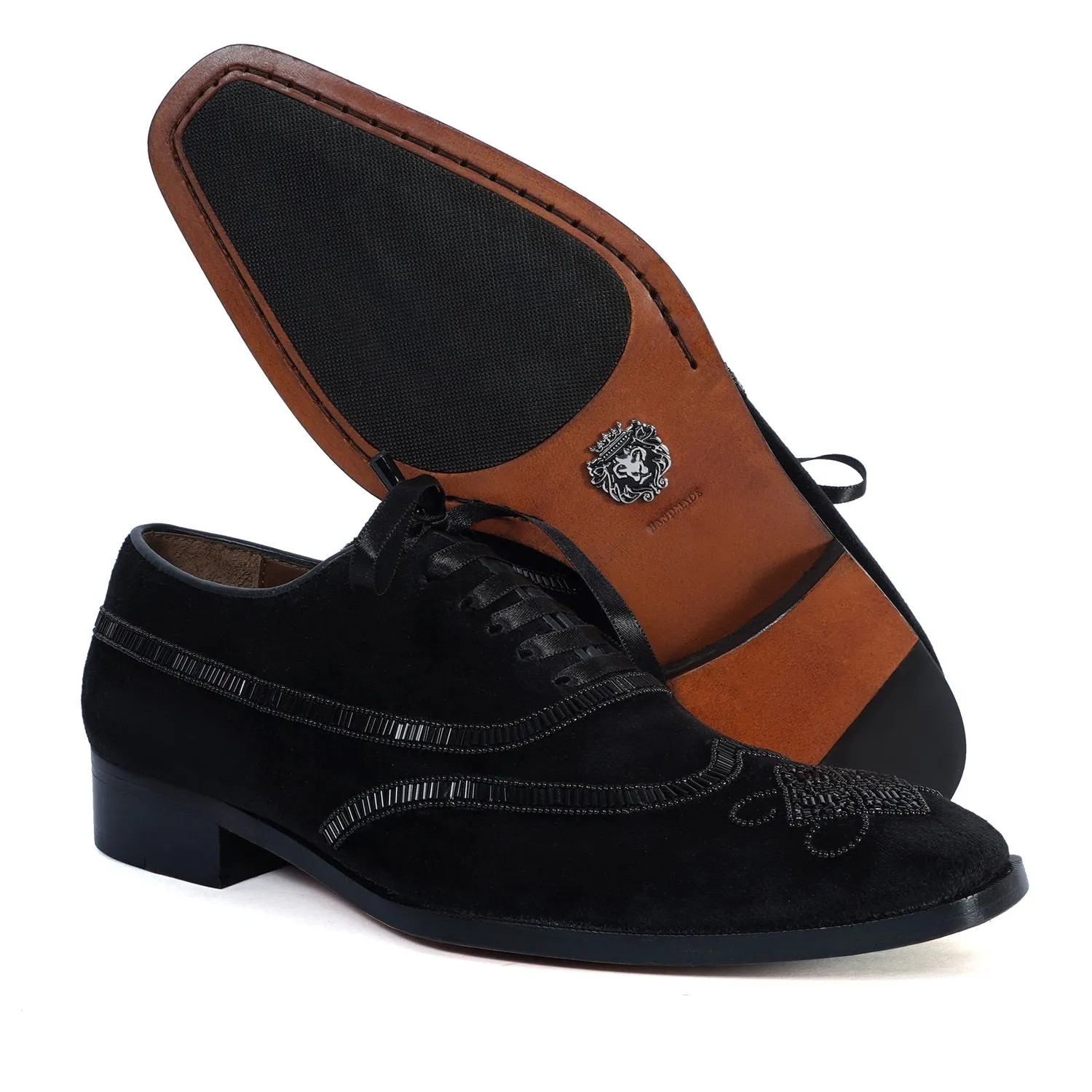 Wingtip Zardosi Black Lace-Up Wedding Formal Shoes