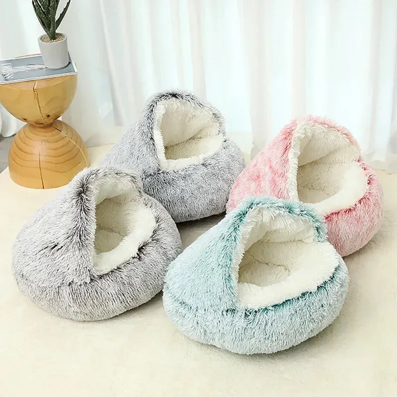 Winter Plush Pet Cat Bed - 2-in-1 Warm Cat Basket & Sleeping Bag Nest for Small Dogs & Cats