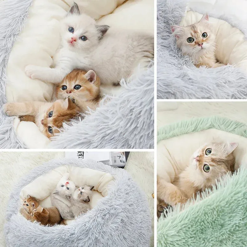Winter Plush Pet Cat Bed - 2-in-1 Warm Cat Basket & Sleeping Bag Nest for Small Dogs & Cats