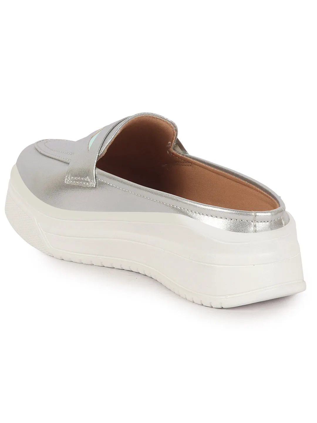 Women Silver Classic Comfort Height Enhancer Shiny Glitter Back Open Slip On Mule Shoes|Casual Slip On Walking Shoe
