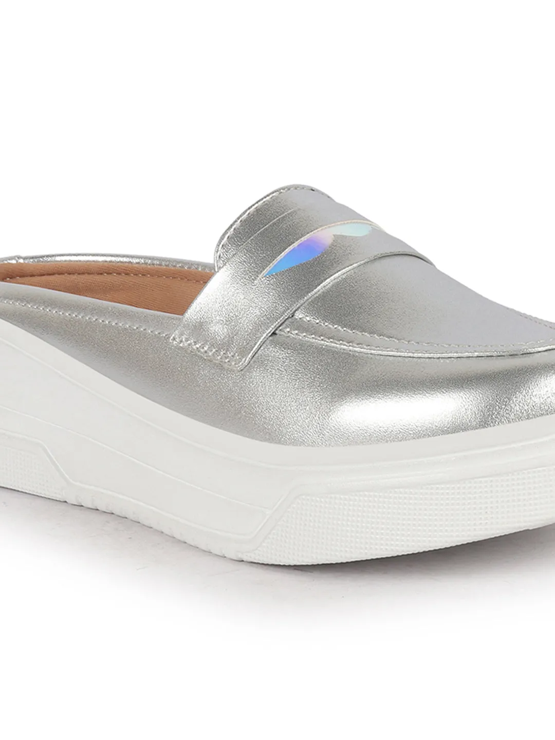 Women Silver Classic Comfort Height Enhancer Shiny Glitter Back Open Slip On Mule Shoes|Casual Slip On Walking Shoe