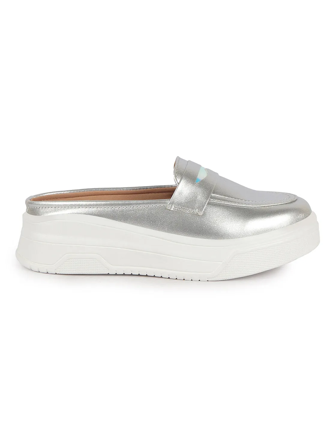Women Silver Classic Comfort Height Enhancer Shiny Glitter Back Open Slip On Mule Shoes|Casual Slip On Walking Shoe