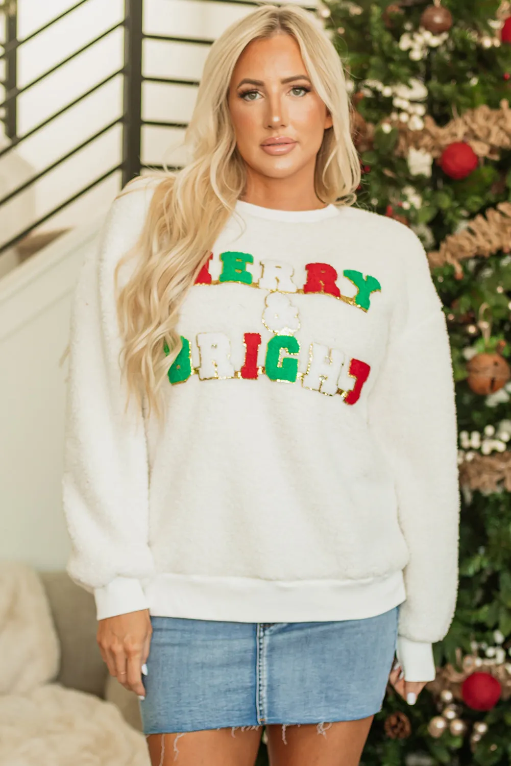 Womens Cozy "Merry & Bright" Christmas Chenille Graphic Sherpa Sweatshirt