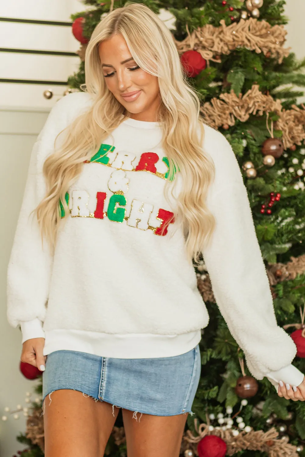 Womens Cozy "Merry & Bright" Christmas Chenille Graphic Sherpa Sweatshirt