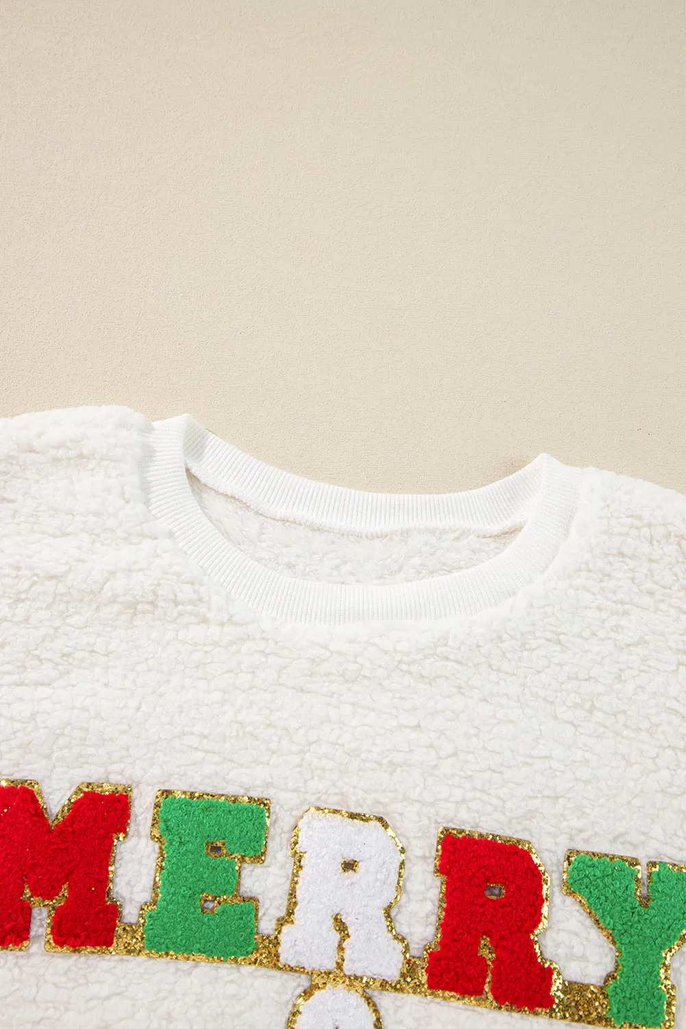 Womens Cozy "Merry & Bright" Christmas Chenille Graphic Sherpa Sweatshirt
