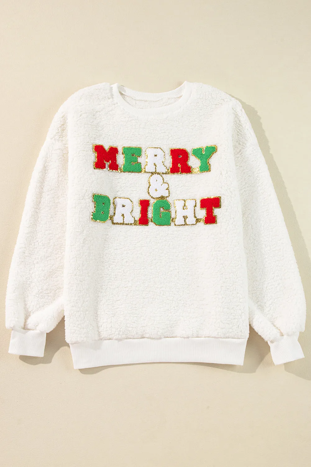 Womens Cozy "Merry & Bright" Christmas Chenille Graphic Sherpa Sweatshirt