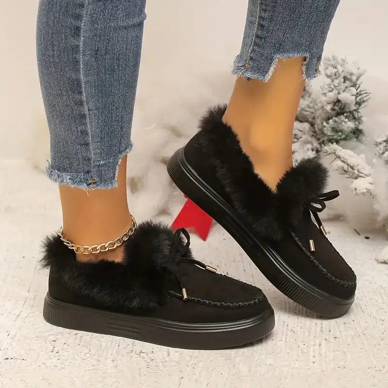 Women's Furry Snow Boots - Bowknot, Plush Lined, Warm Flat Ankle Boots