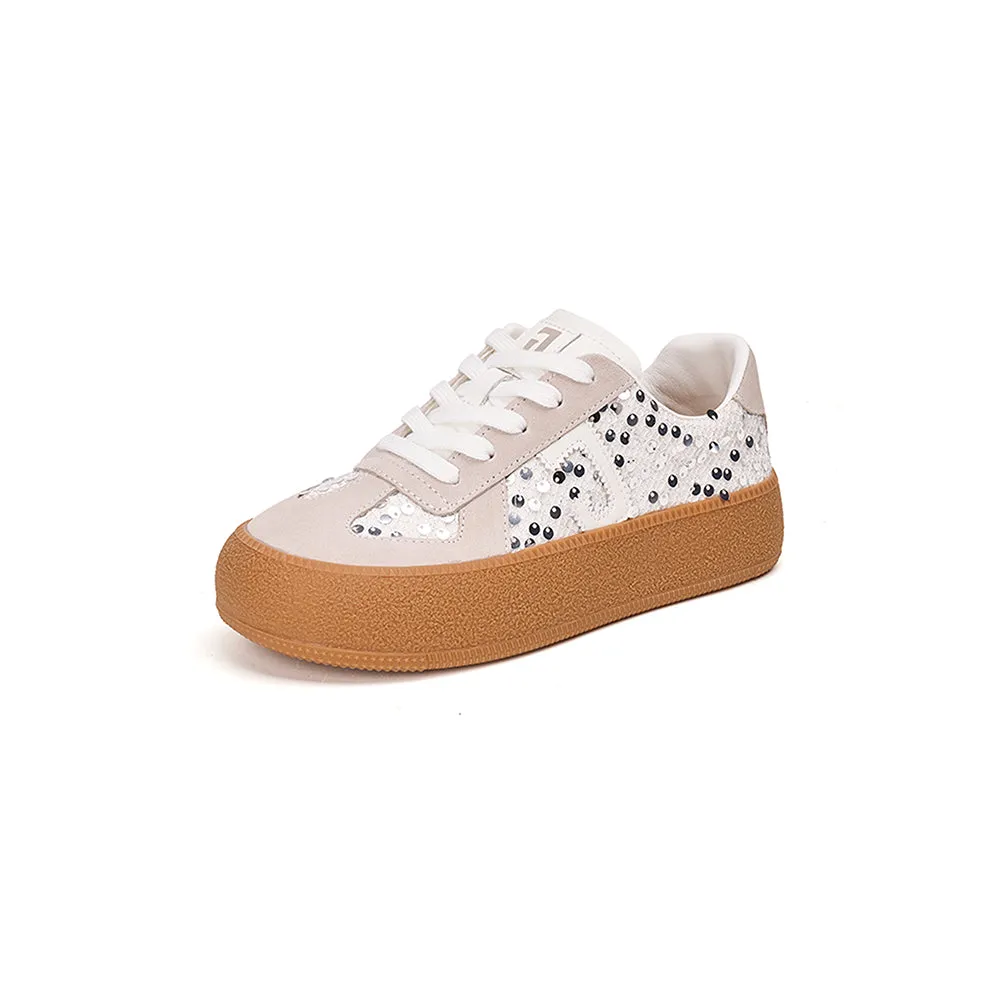 Women’s Lace-up Cow Suede and Sequins German Army Platform Trainers-83571W