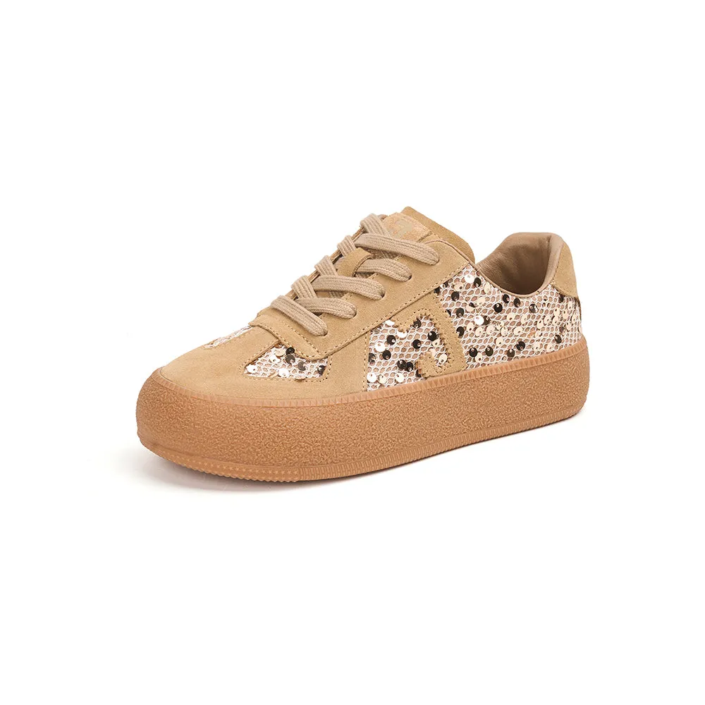 Women’s Lace-up Cow Suede and Sequins German Army Platform Trainers-83571W