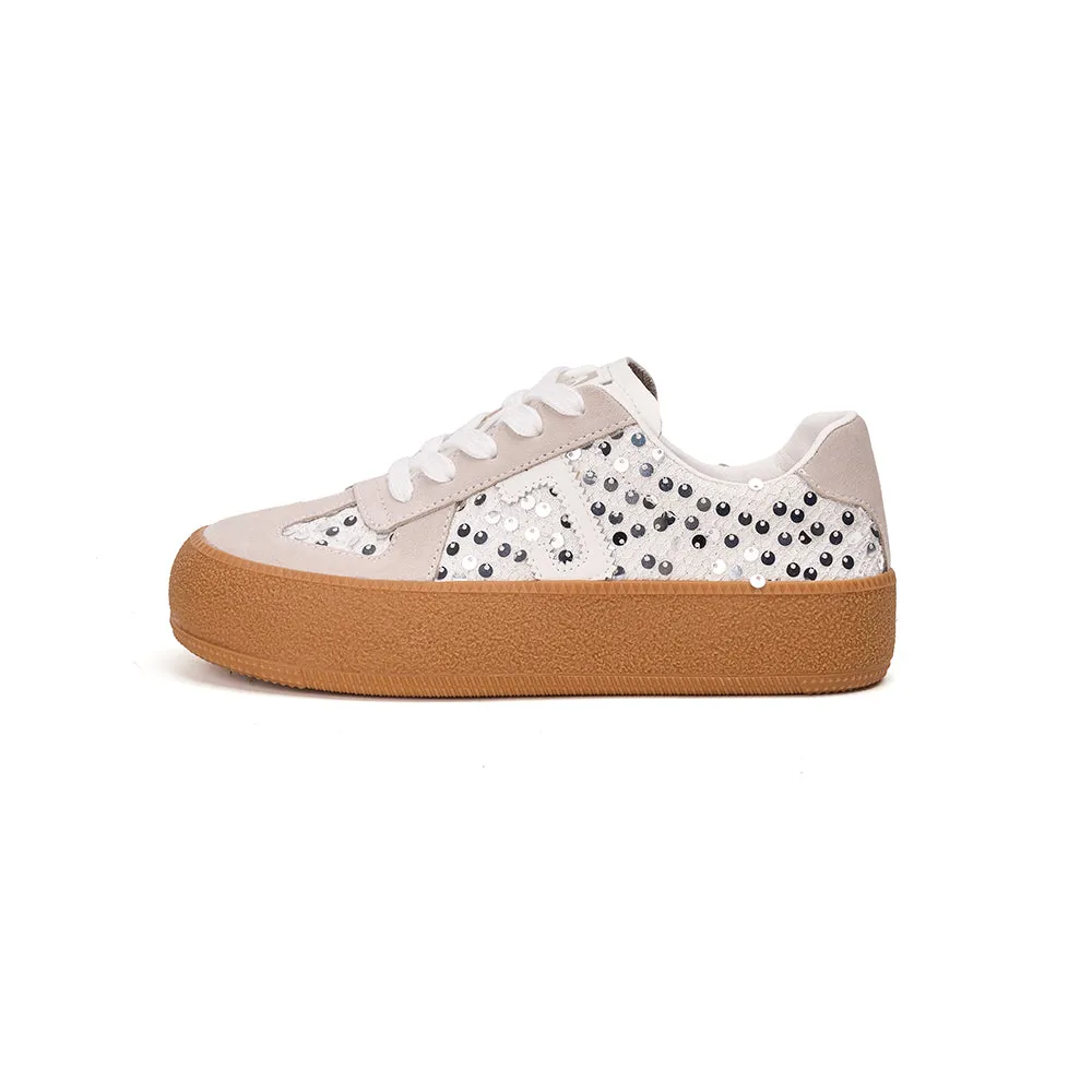 Women’s Lace-up Cow Suede and Sequins German Army Platform Trainers-83571W