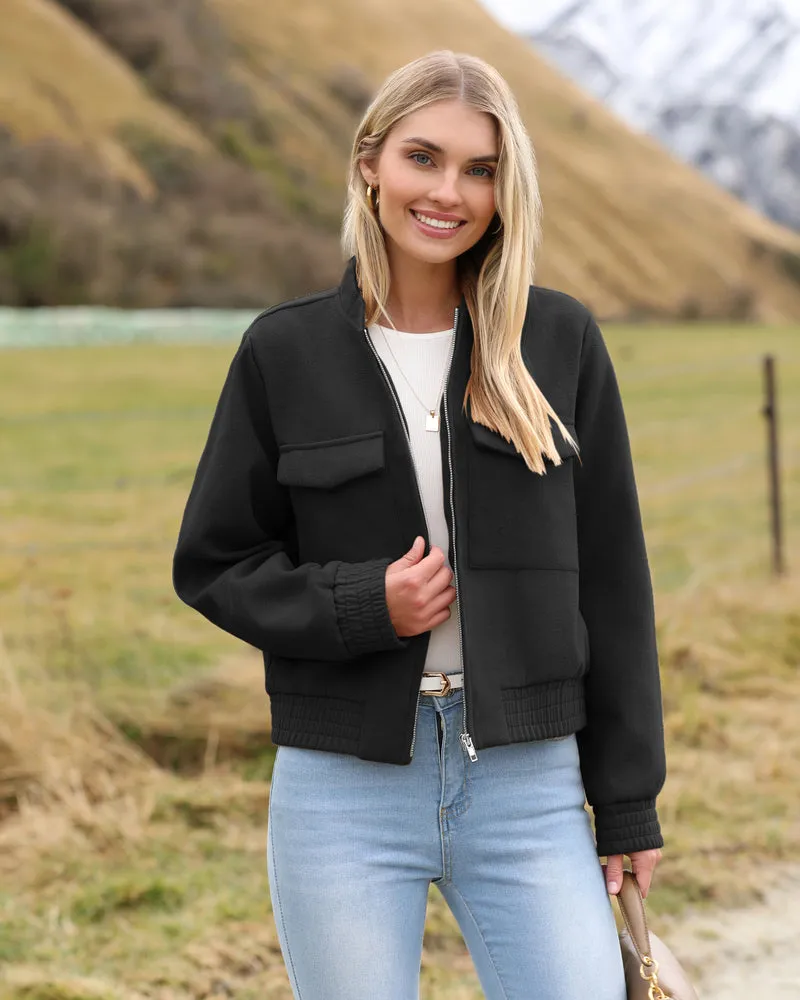 Zeagoo Womens Cropped Jacket Stand Collar Long Sleeve Zip Up Shackets