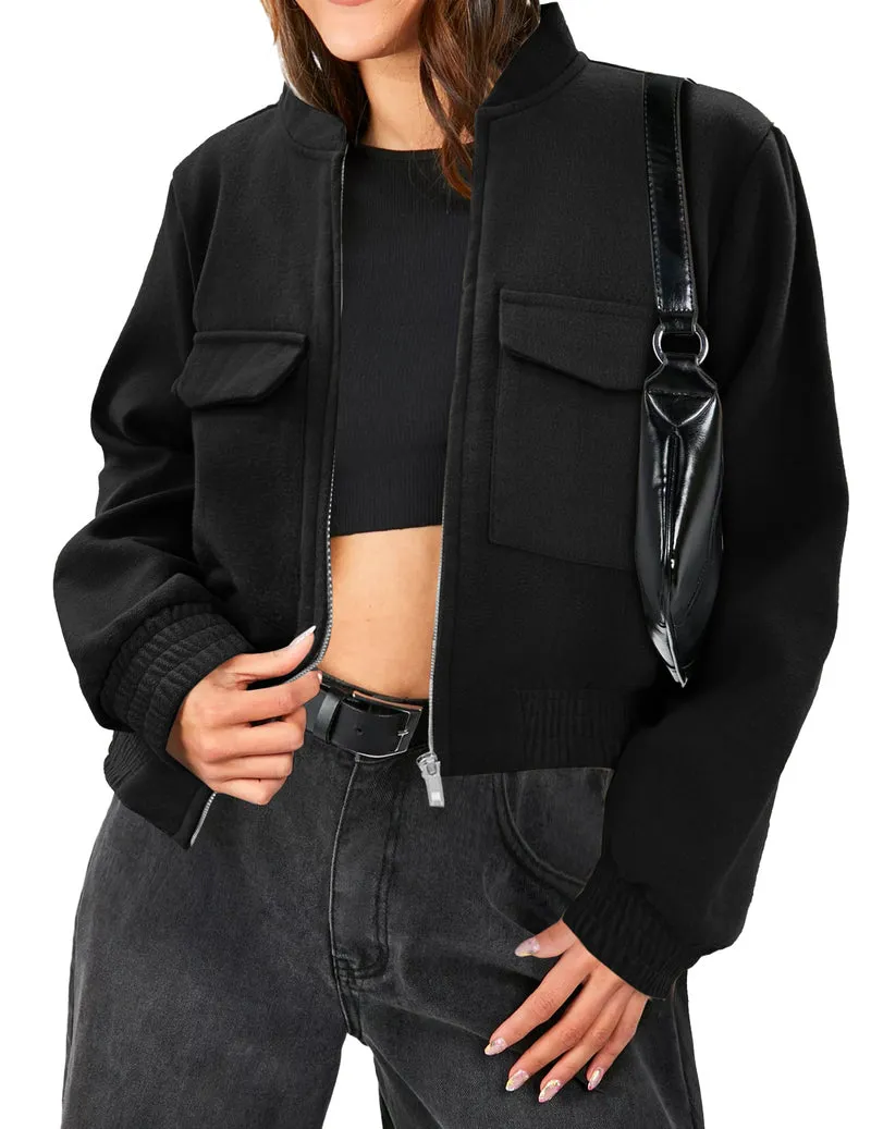 Zeagoo Womens Cropped Jacket Stand Collar Long Sleeve Zip Up Shackets