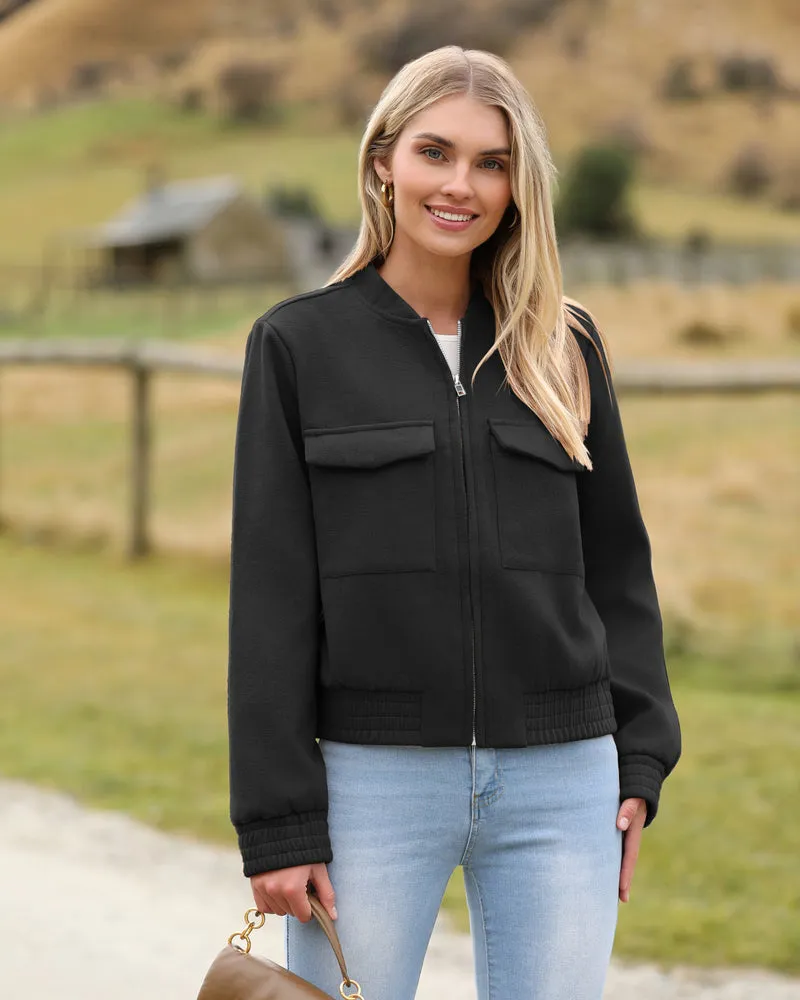 Zeagoo Womens Cropped Jacket Stand Collar Long Sleeve Zip Up Shackets