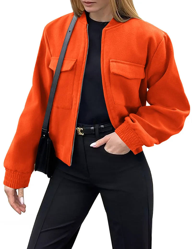 Zeagoo Womens Cropped Jacket Stand Collar Long Sleeve Zip Up Shackets