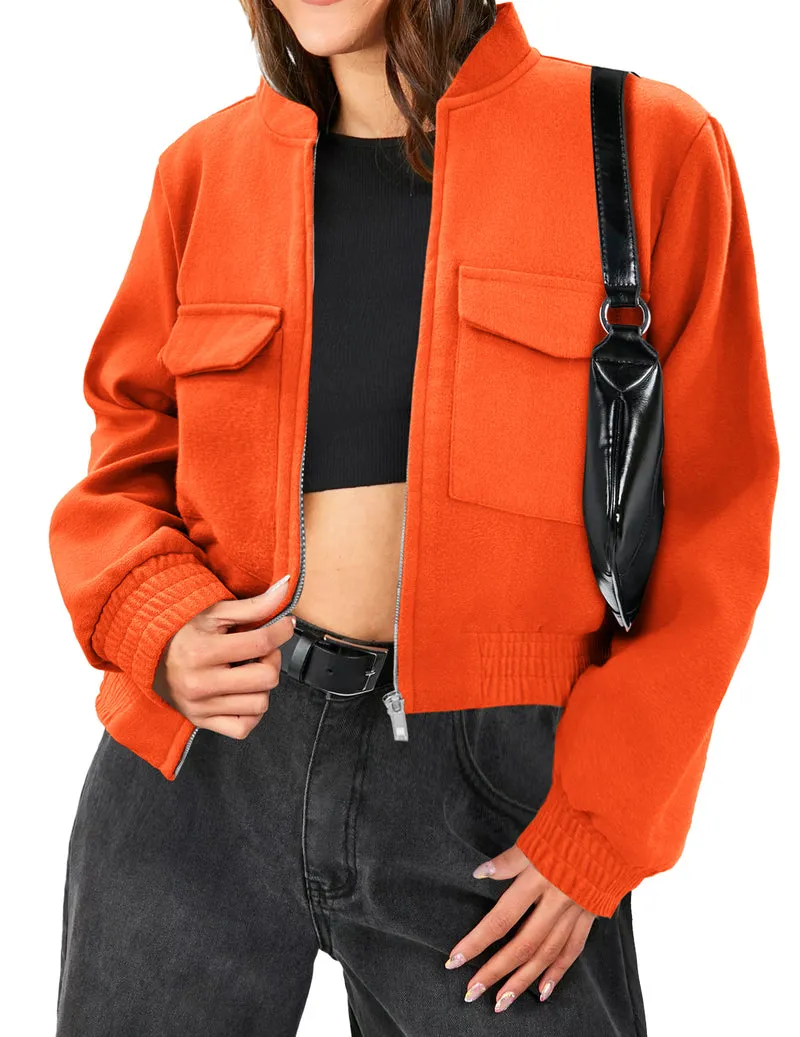 Zeagoo Womens Cropped Jacket Stand Collar Long Sleeve Zip Up Shackets
