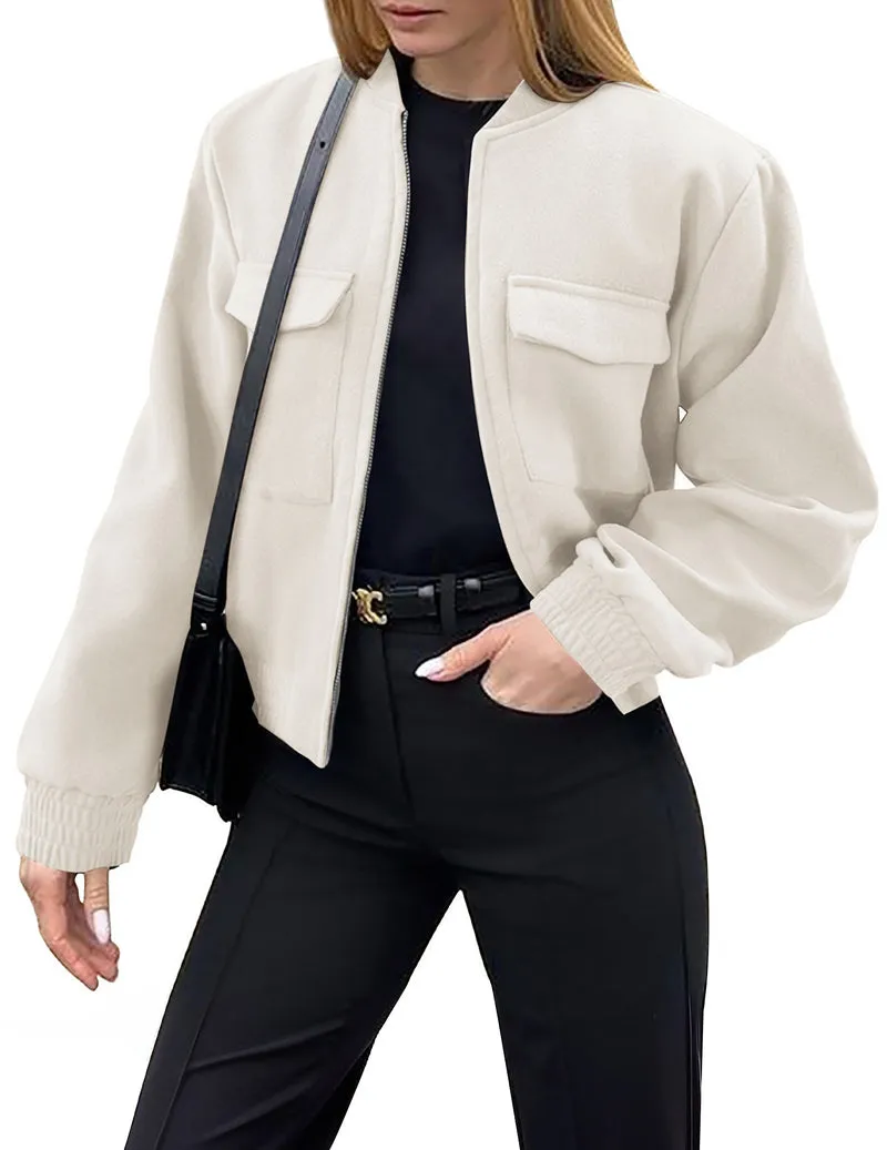 Zeagoo Womens Cropped Jacket Stand Collar Long Sleeve Zip Up Shackets