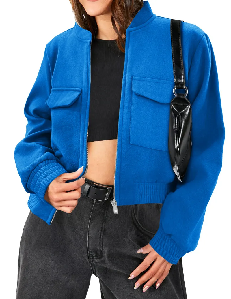 Zeagoo Womens Cropped Jacket Stand Collar Long Sleeve Zip Up Shackets