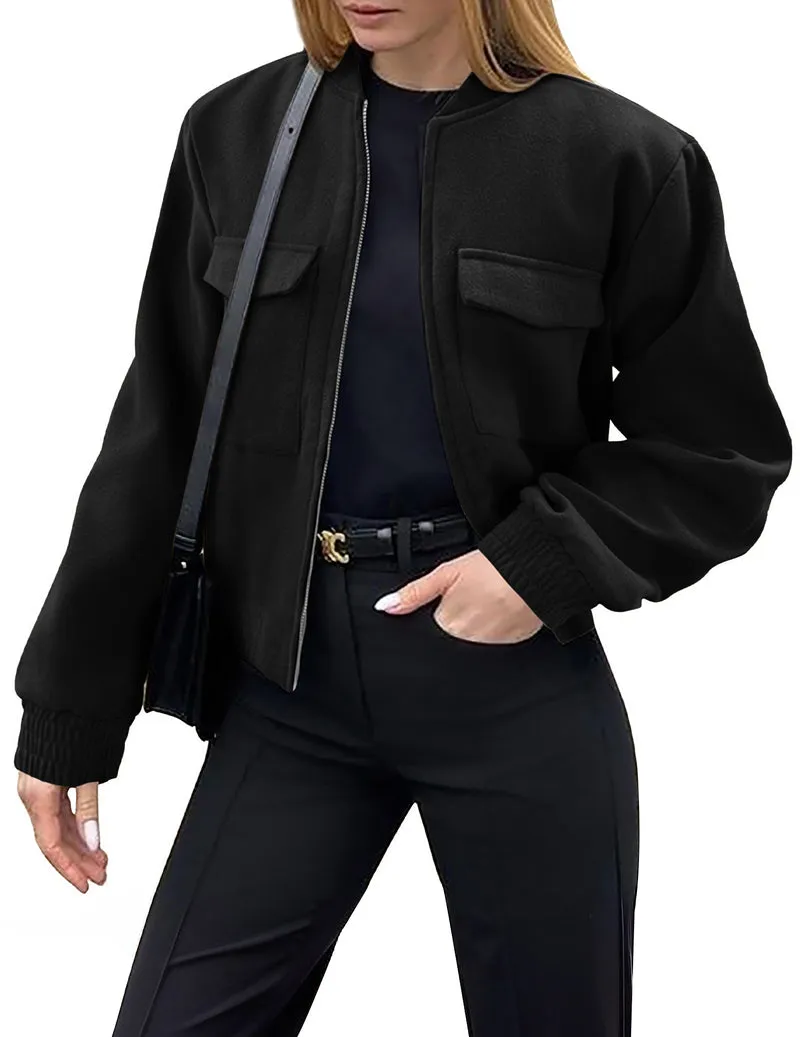 Zeagoo Womens Cropped Jacket Stand Collar Long Sleeve Zip Up Shackets