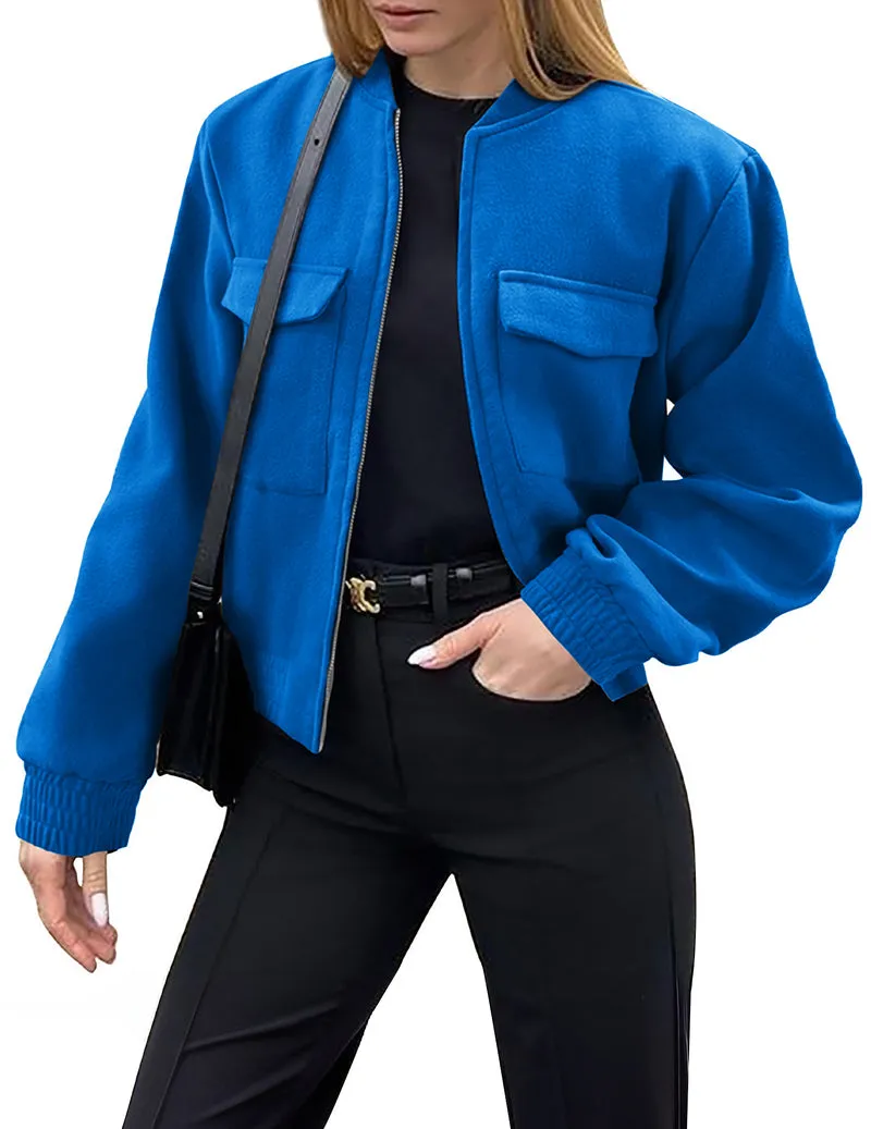 Zeagoo Womens Cropped Jacket Stand Collar Long Sleeve Zip Up Shackets