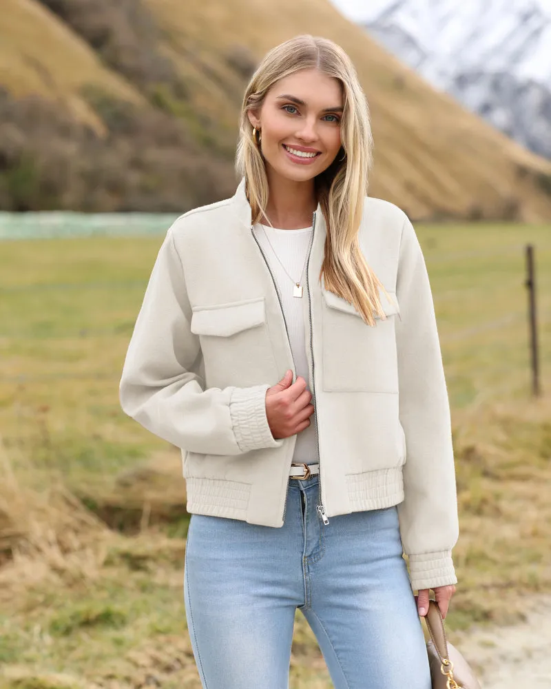Zeagoo Womens Cropped Jacket Stand Collar Long Sleeve Zip Up Shackets