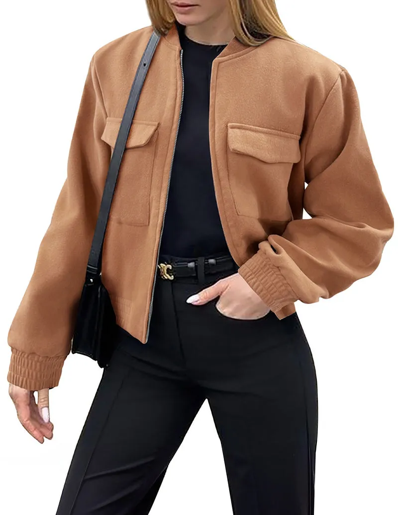 Zeagoo Womens Cropped Jacket Stand Collar Long Sleeve Zip Up Shackets
