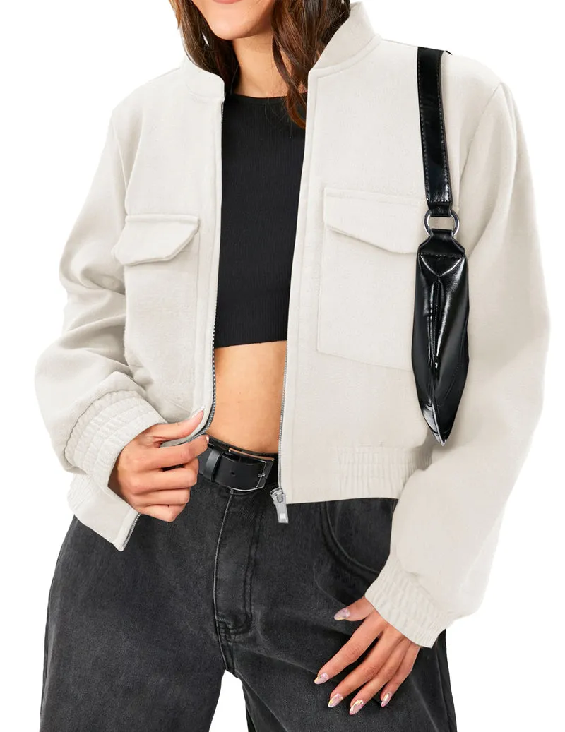 Zeagoo Womens Cropped Jacket Stand Collar Long Sleeve Zip Up Shackets