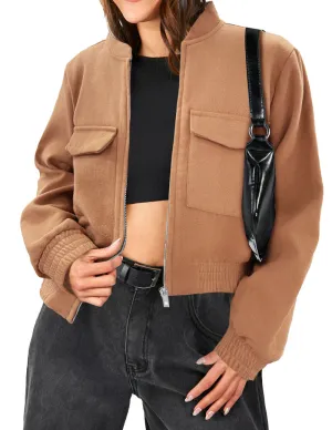 Zeagoo Womens Cropped Jacket Stand Collar Long Sleeve Zip Up Shackets
