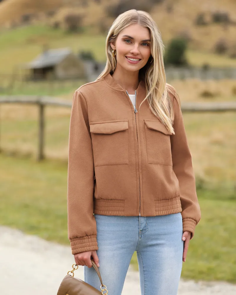Zeagoo Womens Cropped Jacket Stand Collar Long Sleeve Zip Up Shackets